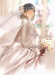  1girl black_hair blunt_bangs blurry blurry_background blush bouquet breasts bridal_veil cape dress earrings from_side highres holding holding_bouquet jewelry lace-trimmed_collar lace_sleeves lace_trim long_sleeves looking_at_viewer original short_hair smile unholymilk veil violet_eyes wedding_dress white_cape 