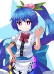  1girl blue_hair blush dress food fruit fruit_hair_ornament hand_on_own_hip hand_up hinanawi_tenshi long_hair peach pink_eyes plus2sf ponytail short_sleeves smile solo touhou very_long_hair 