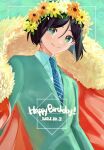  1boy black_hair blue_necktie cape closed_mouth collared_shirt cowboy_shot dated fate/zero fate_(series) fur-trimmed_cape fur_trim green_background green_eyes green_jacket hair_between_eyes happy_birthday head_wreath highres jacket long_sleeves looking_at_viewer male_focus necktie red_cape shirt short_hair smile striped_necktie tokoni_fusu waver_velvet white_shirt 