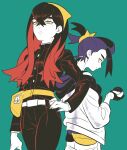  1boy 1girl belt belt_buckle black_hair brother_and_sister buckle buttons carmine_(pokemon) closed_mouth commentary_request fanny_pack green_background hand_on_own_hip highres holding holding_poke_ball jacket kieran_(pokemon) korean_commentary long_hair multicolored_hair pants poke_ball pokemon pokemon_sv purple_hair redhead redlhzz shorts siblings simple_background two-tone_hair yellow_bag yellow_eyes zipper_pull_tab 