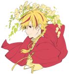  1boy blonde_hair braid cape closed_mouth fate/strange_fake fate_(series) flower from_side isshoku_(shiki) light_smile looking_ahead male_focus multicolored_hair portrait red_cape red_eyes redhead richard_i_(fate) simple_background sketch solo streaked_hair two-tone_hair white_background 