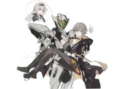  1boy 1girl 1other absurdres armor black_hairband black_jacket black_pants blush bow breastplate caelus_(honkai:_star_rail) carrying closed_mouth cowboy_shot firefly_(honkai:_star_rail) grey_hair hair_between_eyes hair_bow hairband helmet highres honkai:_star_rail honkai_(series) hood hood_down hooded_jacket jacket kongdebiekanl long_hair long_sleeves open_clothes open_jacket pants pink_eyes princess_carry sam_(honkai:_star_rail) short_hair sidelocks simple_background trailblazer_(honkai:_star_rail) white_background yellow_eyes 