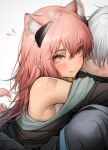  1boy 1girl absurdres animal_ear_fluff animal_ears arknights armpit_crease barcode barcode_tattoo black_coat black_jacket blush closed_mouth coat commentary doctor_(arknights) dog_ears dog_girl dog_tail gravel_(arknights) grey_hair hair_between_eyes hair_over_eyes heart highres hug jacket leaning_forward lipstick_mark long_hair long_sleeves looking_at_viewer male_doctor_(arknights) open_clothes open_jacket open_mouth pink_eyes pink_hair shirt short_hair shoulder_tattoo simple_background sleeveless sleeveless_shirt smile solo tab_head tail tattoo tongue tongue_out white_background white_shirt 