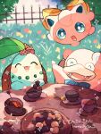  :d artist_name blue_bow blue_eyes bow bright_pupils cake cherry chikorita chocolate chocolate_cake closed_eyes colored_skin commentary_request cup fangs fence floating flower flower_on_head food fork fruit grass green_skin hanabusaoekaki highres jigglypuff leaf muffin on_chair open_mouth outdoors pink_skin plate pokemon pokemon_(creature) sitting slowpoke smile sparkle table tea teacup white_pupils yellow_bow 