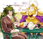  2boys ^_^ armor asgore_dreemurr beard black_gloves black_pants blonde_hair bracer breastplate brown_jacket brown_pants brown_sleeves brown_suit bug butterfly buttons cape character_name closed_eyes closed_mouth collared_jacket collared_shirt commentary_request copyright_name cowboy_shot crossover cup danganronpa_(series) danganronpa_v3:_killing_harmony drink facial_hair fangs fangs_out field fingerless_gloves fingernails flower flower_field furry furry_male glasses gloves goat_boy goat_horns gokuhara_gonta green_hair green_necktie holding holding_cup holding_drink holding_saucer holding_teapot horns jacket layered_sleeves long_hair long_sleeves male_focus messy_hair multiple_boys nabeya_sakihana necktie on_chair open_mouth pants purple_cape round_eyewear saucer shirt short_hair shoulder_pads signature sitting skin_fangs smile suit table tea teacup teapot teeth twitter_username undertale very_long_hair white_background white_horns white_shirt yellow_flower 