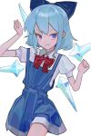  1girl absurdres blue_eyes blue_overalls blue_ribbon cirno closed_mouth cowboy_shot fang hair_ribbon hand_up highres neck_ribbon overalls red_ribbon ribbon saaal653 shirt short_hair short_sleeves simple_background skin_fang solo touhou white_background white_shirt 