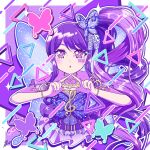  1girl bare_shoulders blue_wings border bracelet butterfly_hair_ornament butterfly_wings commentary_request cropped_torso hair_ornament highres insect_wings jewelry junon_(pripara) long_hair looking_at_viewer open_mouth outline pretty_series pripara purple_hair purple_shirt purple_theme satowa_(circuit) shirt side_ponytail sidelocks solo sparkle sticker_on_face treble_clef triangle triangle_hands upper_body very_long_hair violet_eyes white_border white_outline wings 