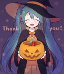  1girl alternate_costume aqua_hair bow bowtie candy capelet closed_eyes food gloves halloween halloween_bucket hat hatsune_miku long_hair looking_at_viewer masoogenki orange_bow orange_bowtie solo twintails vocaloid witch witch_hat 