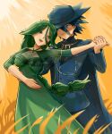  1boy 1girl blue_cape blue_eyes blue_hair blue_headwear blue_suit blurry blurry_foreground breasts buttons cape cheryl_(pokemon) dancing dress ffccll green_dress green_eyes hat highres long_dress long_hair long_hair_between_eyes multi-tied_hair open_mouth pokemon pokemon_dppt riley_(pokemon) smile suit teeth upper_teeth_only wheat yellow_background 