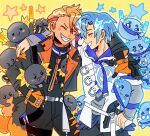  2boys altventurer_(regis_altare) arms_on_another&#039;s_shoulder axel_syrios axelotl_(axel_syrios) axolotl black_gloves blonde_hair blue_collar blue_hair braid closed_eyes collar curtained_hair english_commentary facing_another gloves grin happy holostars holostars_english hood hoodie layered_sleeves long_sleeves male_focus ministarfruit multicolored_hair multiple_boys orange_collar orange_gloves outline redhead regis_altare short_hair short_over_long_sleeves short_sleeves side_braid slime_(creature) smile streaked_hair teeth upper_body virtual_youtuber white_hoodie white_outline yellow_background 