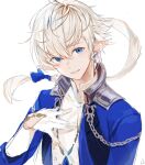  1boy alphinaud_leveilleur blue_eyes blue_jacket earrings final_fantasy final_fantasy_xiv gloves hand_on_own_chest head_tilt jacket jewelry long_hair looking_at_viewer lumeru_33 male_focus pointy_ears ponytail simple_background sketch smile solo upper_body white_background white_gloves white_hair 