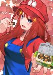  1girl :d blue_eyes blue_overalls blush breasts character_print commentary_request cosplay eyelashes fingernails go-toubun_no_hanayome hair_between_eyes hair_ornament hand_up hat highres holding holding_mushroom imananashi incoming_gift large_breasts long_hair long_sleeves looking_at_viewer mario mario_(cosplay) mushroom nakano_itsuki open_mouth overalls peaked_cap reaching reaching_towards_viewer red_headwear red_shirt redhead shirt sidelocks simple_background smile solo star_(symbol) star_hair_ornament super_mario_bros. upper_body v-shaped_eyebrows 