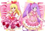  2girls :d ahoge aikatsu! aikatsu!_(series) blonde_hair blush bow character_name choker collared_shirt commentary_request cowboy_shot dress ebi_nana frilled_choker frilled_dress frills gloves green_eyes hair_bow hairband hand_up highres hoshimiya_ichigo idol_clothes jacket long_hair looking_at_viewer manaka_laala multiple_girls necktie open_mouth parody pink_bow pink_dress pink_jacket pink_skirt pretty_series pripara puffy_short_sleeves puffy_sleeves purple_hair red_eyes red_hairband red_necktie shirt short_sleeves skirt smile standing style_parody twintails v very_long_hair white_gloves white_shirt wrist_cuffs 