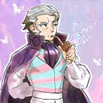  1boy alternate_costume arm_behind_back black_eyes bright_pupils cape commentary go-lurk grey_hair highres holding holding_smoking_pipe kabu_(pokemon) long_sleeves looking_to_the_side male_focus mouth_hold outline pants pokemon pokemon_swsh purple_background shirt short_hair smoking_pipe solo vest white_pants white_pupils white_shirt 