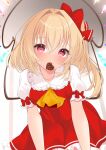  1girl ascot chocolate cowboy_shot crystal_wings flandre_scarlet frills hair_ribbon medium_hair puffy_short_sleeves puffy_sleeves red_eyes red_ribbon ribbon short_sleeves side_ponytail simple_background solo tosakaoil touhou valentine white_background yellow_ascot 