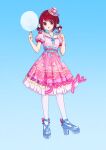 1girl absurdres arima_kana blue_background blue_footwear bob_cut candy dress food full_body hat hat_ribbon highres holding holding_candy holding_food inverted_bob looking_at_viewer oshi_no_ko pink_dress pink_headwear red_eyes redhead ribbon short_hair simple_background socks solo twintails white_socks xiang_yu_pai