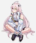  1girl aoki_shizumi closed_mouth d4dj grey_eyes hair_between_eyes heterochromia highres ichihoshi_lumina indian_style long_hair open_clothes pink_hair sitting sleeves_past_wrists solo very_long_hair white_background yellow_eyes 