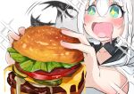 1girl absurdres blush braid burger commentary_request drooling food fox_girl fox_tail green_eyes hair_between_eyes highres holding holding_food hololive looking_at_viewer motion_lines mouth_drool open_mouth partial_commentary payano_i pentagram shirakami_fubuki shirakami_fubuki_(1st_costume) sidelocks single_braid solo sparkle tail virtual_youtuber white_hair 
