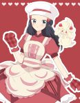 1girl alcremie apron black_hair blush buttons chef_hat closed_mouth commentary_request dawn_(palentine&#039;s_2021)_(pokemon) dress eyelashes grey_eyes hair_ornament hairclip hand_up hat heart highres hikari_(pokemon) long_hair mittens official_alternate_costume ohn_pkmn outline pokemon pokemon_(creature) pokemon_masters_ex red_background red_dress red_mittens short_sleeves sidelocks smile white_headwear 