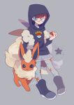  1girl 1other auko black_footwear black_hoodie black_shorts blue_hair boots commentary_request flareon full_body glasses grey_background grey_eyes grey_pantyhose highres holding holding_poke_ball hood hood_up hoodie long_sleeves looking_at_viewer multicolored_hair pantyhose penny_(pokemon) poke_ball poke_ball_print pokemon pokemon_(creature) pokemon_sv redhead round_eyewear see-through see-through_skirt shorts signature simple_background skirt smile star_(symbol) two-tone_hair 