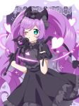  1girl absurdres black_dress black_gloves black_hairband black_horns black_tail blowing_kiss blue_eyes blush bow commentary_request commission cowboy_shot demon_horns demon_tail demon_wings dress ebi_nana frilled_dress frills gloves hair_bow hairband hands_up heart highres holding holding_wand horns long_hair looking_at_viewer manaka_laala one_eye_closed open_mouth pixiv_commission pretty_series pripara purple_hair smile solo sparkle standing tail twintails very_long_hair wand wings 