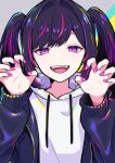  1girl black_hair fangs highres hood hoodie long_hair long_sleeves looking_at_viewer masoogenki multicolored_hair nail_polish open_mouth original purple_hair smile solo sweater twintails two-tone_hair upper_body violet_eyes 