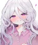  1girl blue_archive blush buttons collarbone collared_shirt grey_hair grin heart highres hina_(blue_archive) long_hair looking_at_viewer naya_(naya0816) pink_shirt shirt simple_background smile solo upper_body very_long_hair violet_eyes white_background 