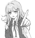  1girl :o backpack bag collared_shirt danganronpa_(series) danganronpa_2:_goodbye_despair dress_shirt fanren_fancai_qing_gengcai flipped_hair foreshortening greyscale hair_intakes hair_ornament index_finger_raised jacket long_sleeves looking_at_viewer medium_hair monochrome nanami_chiaki neck_ribbon open_clothes open_jacket ribbon shirt solo spaceship_hair_ornament teeth two-tone_shirt upper_teeth_only 