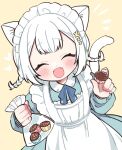  1girl animal_ears apron bag blush braid cat_ears cat_girl cat_tail chocolate closed_eyes collared_dress commentary dress fangs food holding holding_bag holding_food long_sleeves maid maid_headdress neck_ribbon open_mouth original pouch ribbon smile solo tail twin_braids white_hair yellow_background yukijiro 
