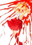  1girl absurdres blonde_hair blood blood_on_face blood_splatter cowboy_shot flandre_scarlet frills highres medium_hair red_eyes red_skirt red_thighhighs side_ponytail simple_background skirt smile solo thigh-highs touhou wan495 white_background 
