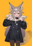  1girl absurdres animal_ears black_jacket choker fang fox_ears fox_girl fox_tail grey_hair highres jacket open_mouth original pointing pointing_at_self saaal653 short_hair simple_background solo tail thigh-highs 