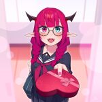 1girl bag braid dasdokter demon_horns english_commentary glasses green_eyes heterochromia highres hololive hololive_english horns incoming_gift irys_(gamer)_(hololive) irys_(hololive) open_mouth pink_eyes pink_hair pointy_ears reaching reaching_towards_viewer round_eyewear school_bag shirt skirt smile solo teeth tongue twin_braids twintails valentine virtual_youtuber