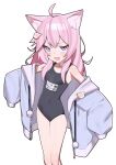  1girl absurdres ahoge animal_ears armpits black_one-piece_swimsuit cat_ears cat_girl cowboy_shot hair_ornament hairpin highres indie_virtual_youtuber jacket long_hair nyatasha_nyanners one-piece_swimsuit open_mouth pink_eyes pink_hair saaal653 simple_background solo swimsuit white_background 