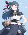  1girl absurdres black_capelet blue_background capelet commentary earrings feather_hair_ornament feathers floating_hair genjitsu_no_yohane hair_bun hair_ornament hand_on_own_hip heart heart_earrings highres jewelry long_hair looking_at_viewer love_live! love_live!_sunshine!! okpriko scrunchie shirt short_sleeves sidelocks single_side_bun smile solo sparkle staff tsushima_yoshiko upper_body white_shirt wrist_scrunchie 