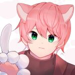  1boy animal_ears animal_hands brown_jacket cat_ears cat_paws cat_tail commentary green_eyes highres jacket kemonomimi_mode knight_a male_focus pink_hair portrait solo tail teruto_(utaite) turtleneck uiidda utaite wavy_mouth 