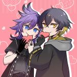  2boys :&gt; :3 banzoin_hakka banzoin_hakka_(2nd_costume) belt black_belt black_coat black_gloves black_hair black_nails black_shirt black_skin blonde_hair blue_eyes bracelet chest_belt coat colored_skin fang fingernails gloves grey_hoodie hair_between_eyes heart heart_in_mouth highres holostars holostars_english hood hoodie jewelry lip_piercing long_fingernails long_hair looking_at_viewer male_focus multicolored_hair multicolored_skin multiple_boys necklace piercing purple_hair purple_nails ring sharp_fingernails shirt short_hair short_sleeves streaked_hair virtual_youtuber yatogami_fuma yatogami_fuma_(1st_costume) yellow_eyes yugeeyugee 