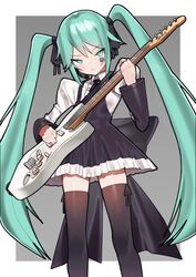  1girl black_ribbon cowboy_shot electric_guitar frills green_eyes green_hair guitar hatsune_miku highres instrument long_hair looking_at_viewer ribbon saaal653 simple_background solo twintails vocaloid white_background zettai_ryouiki 