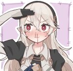  1girl absurdres aroused_nosebleed black_hairband corrin_(female)_(fire_emblem) corrin_(fire_emblem) fire_emblem fire_emblem_fates hair_between_eyes hairband highres jacomodayo long_hair looking_at_viewer looking_to_the_side red_eyes solo white_hair 