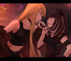  2girls aoki_shizumi belt black_hair blonde_hair brown_eyes choker d4dj elsie_(d4dj) hair_bun highres holding holding_microphone looking_at_another microphone multicolored_hair multiple_girls neo_(d4dj) open_mouth streaked_hair violet_eyes 