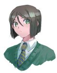  1boy :&lt; black_hair blue_necktie collared_shirt cropped_shoulders fate/zero fate_(series) green_eyes green_sweater hair_between_eyes highres looking_at_viewer male_focus necktie shirt short_hair simple_background solo striped_necktie sweater tokoni_fusu waver_velvet white_background white_shirt 