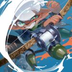  1boy absurdres aqua_eyes blue_background bow_(weapon) commentary dark-skinned_male dark_skin denim eyelashes highres holding holding_bow_(weapon) holding_weapon inkling_boy inkling_player_character paint pointy_ears shiu_dotcom short_hair simple_background smile solo splatoon_(series) splatoon_3 symbol-only_commentary teeth tentacle_hair tri-stringer_(splatoon) weapon white_hair 