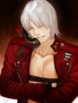  1boy absurdres belt_bra bishounen cellphone closed_eyes coat dante_(devil_may_cry) devil_may_cry_(series) devil_may_cry_3 highres holding holding_phone male_focus phone red_coat smile solo talking_on_phone white_hair yora_owo 