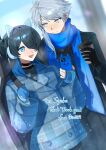  1boy 1girl animal_earmuffs artist_name black_coat black_gloves blue_coat blue_eyes blue_hair blue_mittens blue_scarf blurry blurry_background ciel_(dear_vocalist) coat coffee_cup commission commissioner_name cup dear_vocalist disposable_cup earmuffs gloves guitar_case hair_over_one_eye holding holding_phone instrument_case mittens open_mouth original phone plaid plaid_coat scarf skeb_commission smirk thank_you tokoni_fusu winter 