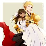  1boy 1girl armor blonde_hair border bow brown_eyes brown_hair carrying carrying_person closed_mouth copyright_name dark-skinned_female dark_skin dress earrings elbow_gloves expressionless fate/strange_fake fate_(series) gilgamesh_(fate) gloves gold_armor grin hair_bow hair_slicked_back hanakuma jewelry looking_at_viewer medium_hair off-shoulder_dress off_shoulder pauldrons red_eyes short_hair shoulder_armor simple_background sleeveless sleeveless_dress smile spiky_hair tine_chelc white_border white_bow white_dress white_gloves 