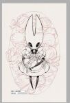  1girl alternate_costume apron bow bowtie box dress enmaided fioco_virus full_body greyscale heart-shaped_box hollow_eyes hollow_knight hornet_(hollow_knight) horns looking_at_viewer maid monochrome puffy_short_sleeves puffy_sleeves short_sleeves solo translation_request unfinished waist_apron 