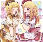  2girls absurdres blonde_hair blush breasts character_name chocolate closed_eyes commentary_request demon_horns dress fake_horns fangs feeding highres horns hoshino_ruby long_hair long_sleeves maid medium_breasts meiji_(meizi493) memcho multicolored_hair multiple_girls one_side_up open_mouth oshi_no_ko pink_eyes saliva short_hair star-shaped_pupils star_(symbol) symbol-shaped_pupils tongue 