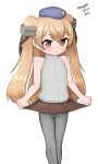  1girl absurdres aged_down beret blue_headwear brown_eyes brown_skirt feet_out_of_frame flat_chest grey_pantyhose hair_ribbon hat headgear highres johnston_(kancolle) kantai_collection light_brown_hair long_hair maru_(marg0613) one-hour_drawing_challenge pantyhose ribbed_sweater ribbon simple_background skirt skirt_hold sleeveless sleeveless_sweater solo sweater turtleneck turtleneck_sweater two_side_up white_background 