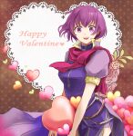  1girl :d dress fire_emblem fire_emblem:_new_mystery_of_the_emblem happy_valentine heart highres holding holding_heart katarina_(fire_emblem) looking_at_viewer mizss open_mouth puffy_short_sleeves puffy_sleeves purple_dress purple_hair purple_shorts scarf short_hair short_sleeves shorts shorts_under_dress smile solo teeth upper_teeth_only violet_eyes 