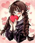  1girl artist_name black-framed_eyewear black_sailor_collar black_shirt blush braid brown_eyes brown_hair commentary covering_own_mouth cropped_torso dated glasses hands_up heart heart_background holding holding_heart long_hair long_sleeves looking_at_viewer neck_ribbon original pink_background ribbon sailor_collar school_uniform serafuku shirt signature solo sugano_manami twin_braids upper_body valentine white_ribbon 