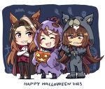  3girls animal_costume animal_ears ascot bat_(animal) black_cape black_pants blush_stickers brown_hair cape clenched_teeth ghost ghost_costume halloween highres horse_ears horse_girl horse_tail ido_(teketeke) jack-o&#039;-lantern long_hair multicolored_hair multiple_girls pants ponytail sirius_symboli_(umamusume) smile standing symboli_rudolf_(umamusume) tail teeth tokai_teio_(umamusume) tombstone umamusume vampire_costume violet_eyes white_ascot white_hair wolf_costume 